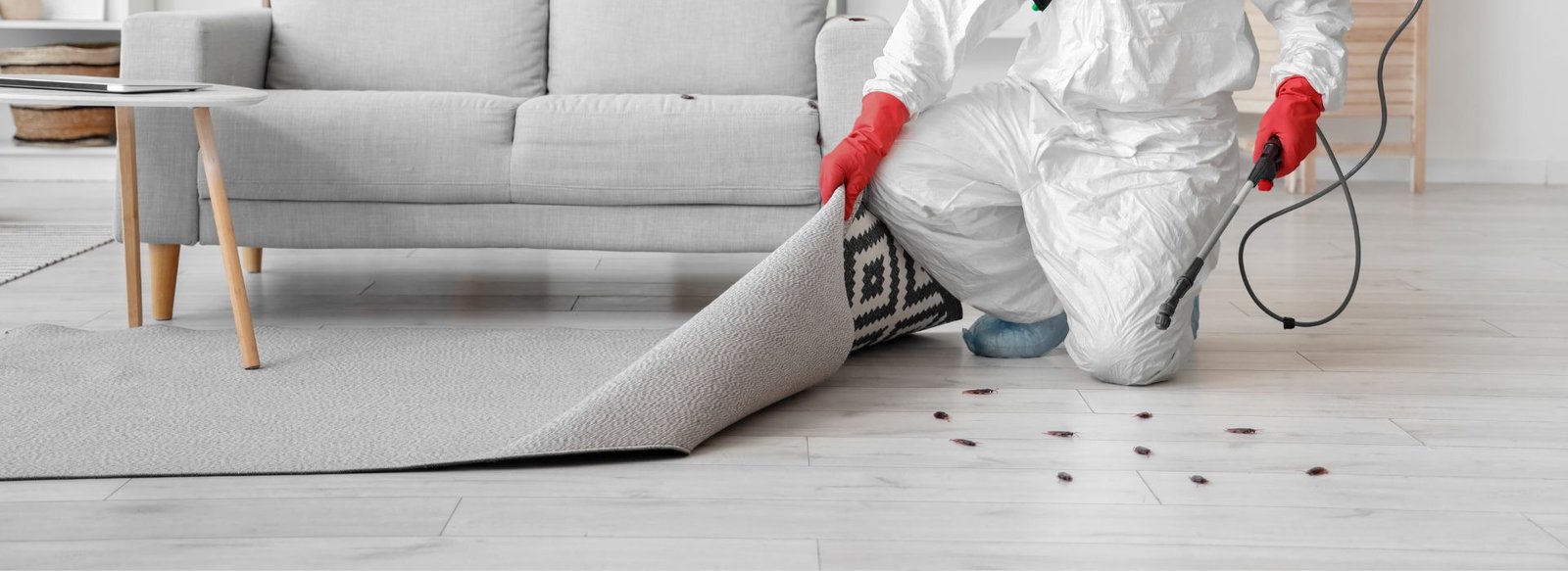 Professional pest control technician spraying inside a modern kitchen